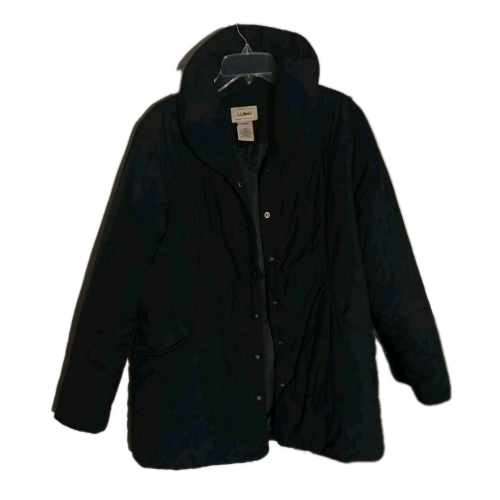 LL Bean Puffer Jacket Womens Size Large Black Vintage Mid Length Insulated Snap
